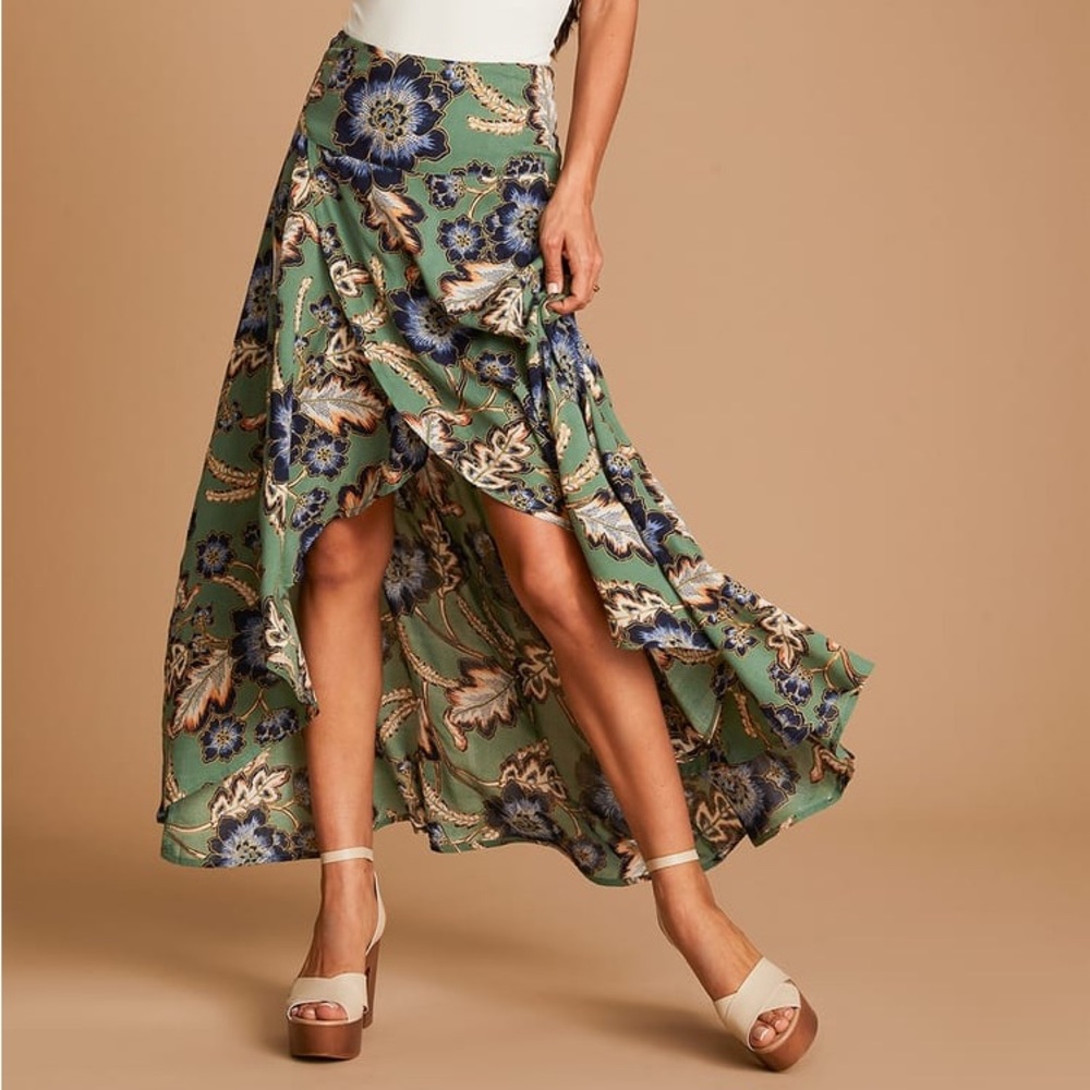 Green Floral Print High-Low Maxi Skirt